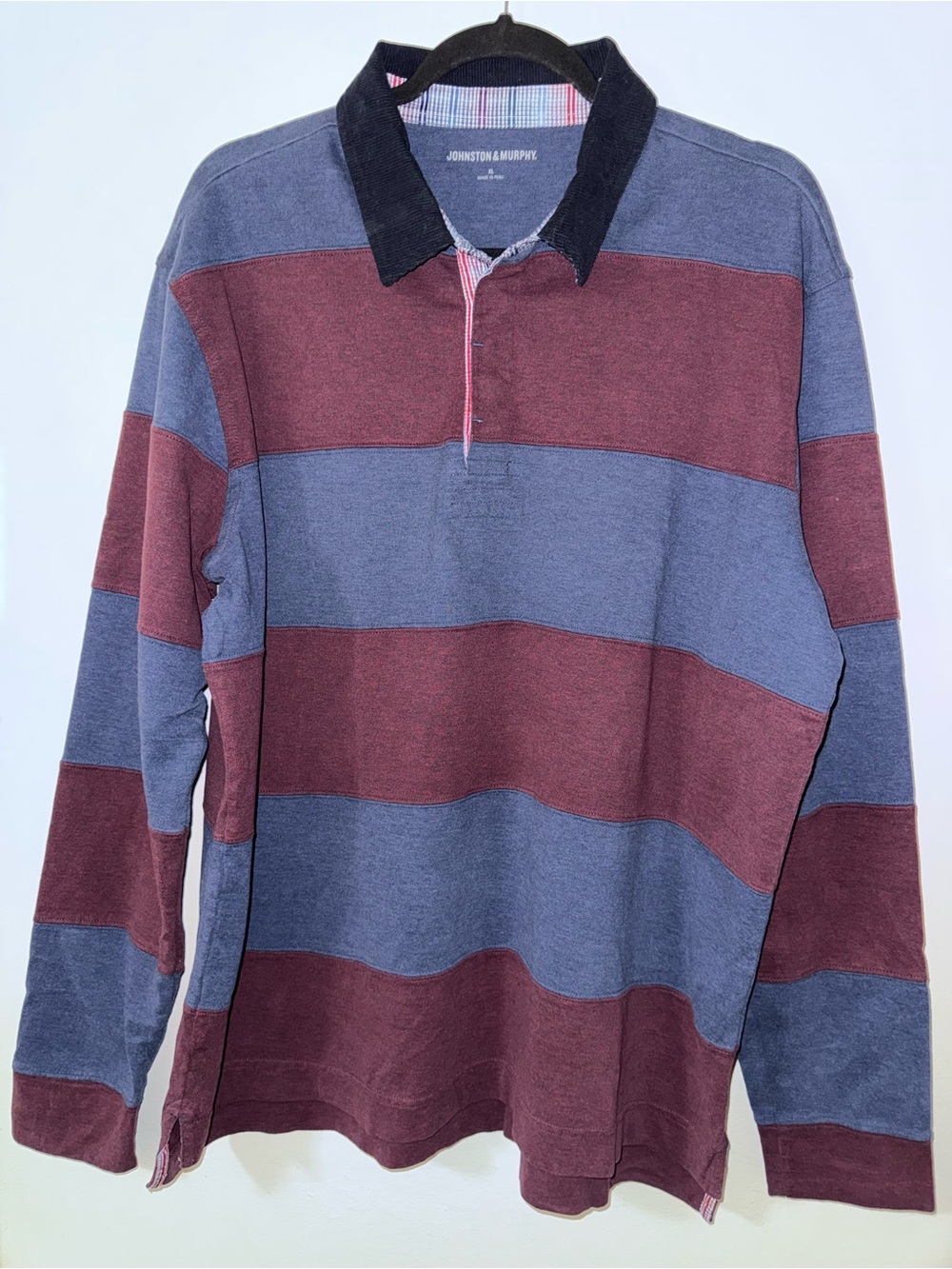 Johnston & Murphy Long-Sleeve Rugby Polo in Blue & Burgundy
